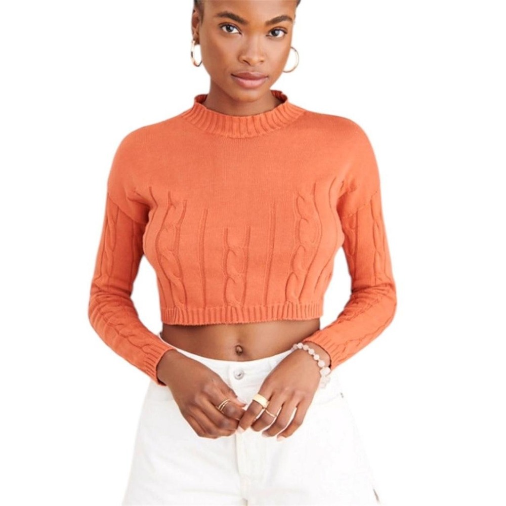 Pastiche Brenda Crop Sweater Size M Orange Excellent Cable Knit Mock Neck Cotton